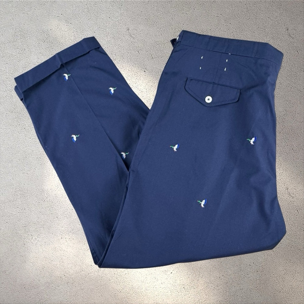 Vintage Flying Scotsman Mens 42x30 Pleated Navy Pants Embroidered Mallard Ducks